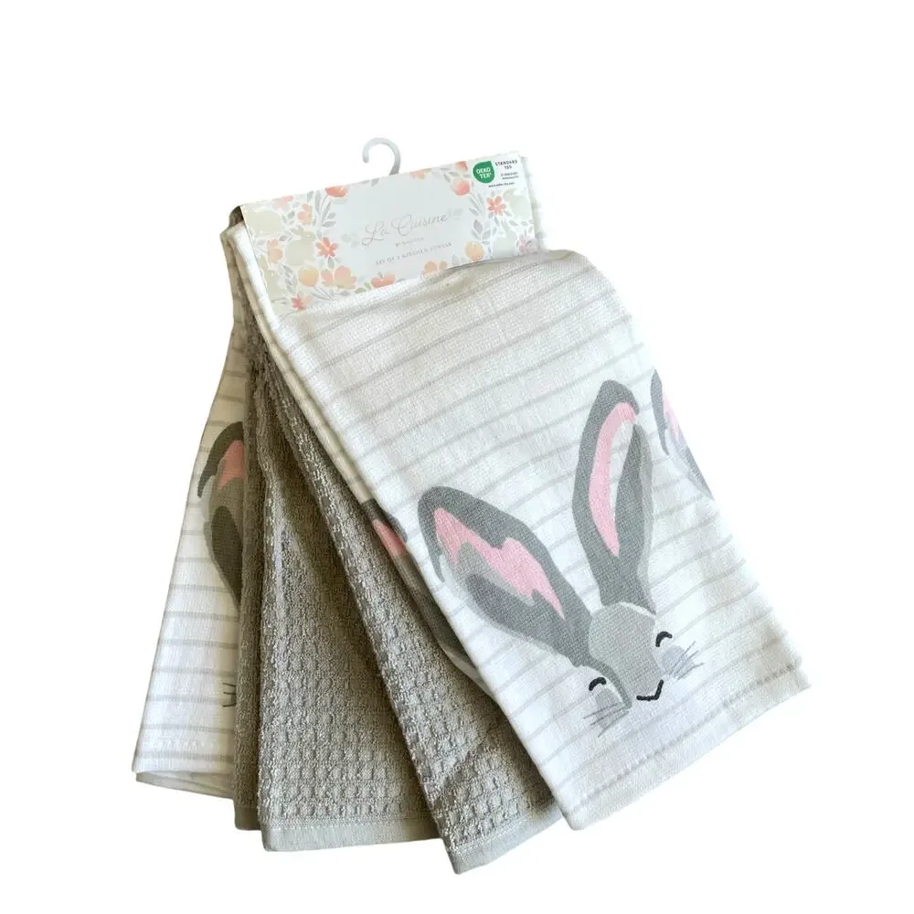 La Cuisine EASTER Bunny Cotton Kitchen Towels Set of 4 Gray & White Stripe New